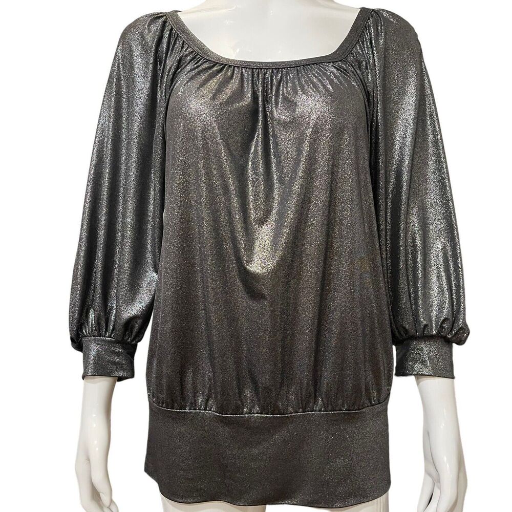 Karen Kane Woman’s Shirt Top Tunic Silver Metallic 3/4 Ballon Sleeve Sz Small
